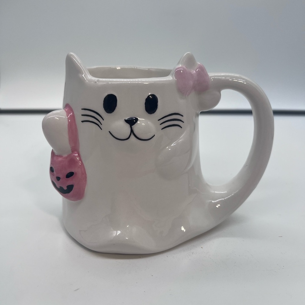 Ghost White Cat Ceramic Mug with Pink Bow Cobwebs & Cauldrons NWOT